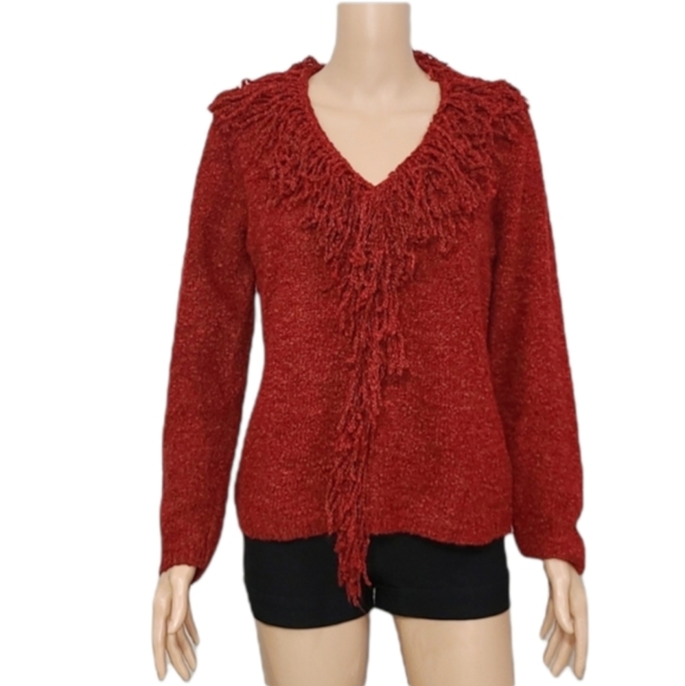 Norton Mcnaughton red frill fringe v neck sweater Sz M‎